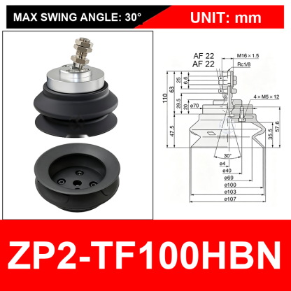 ZP2-TF100HBN double-bellows black nitrile cup with fitting, 100 mm, Black Nitrile Rubber, 30 degree swivel, with technical dimensions