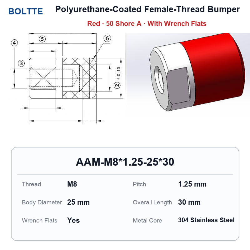 Red 50 Shore A - M8*1.25-25*30 polyurethane-coated female-thread bumper