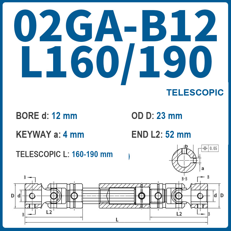 BOLTTE 02GA-B12-L160/190 40Cr universal joint coupling dimension drawing