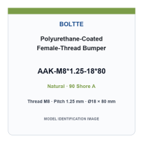 Natural 90 Shore A - M8*1.25-18*80 - Aluminum Core - 70 Shore A Core polyurethane-coated female-thread bumper