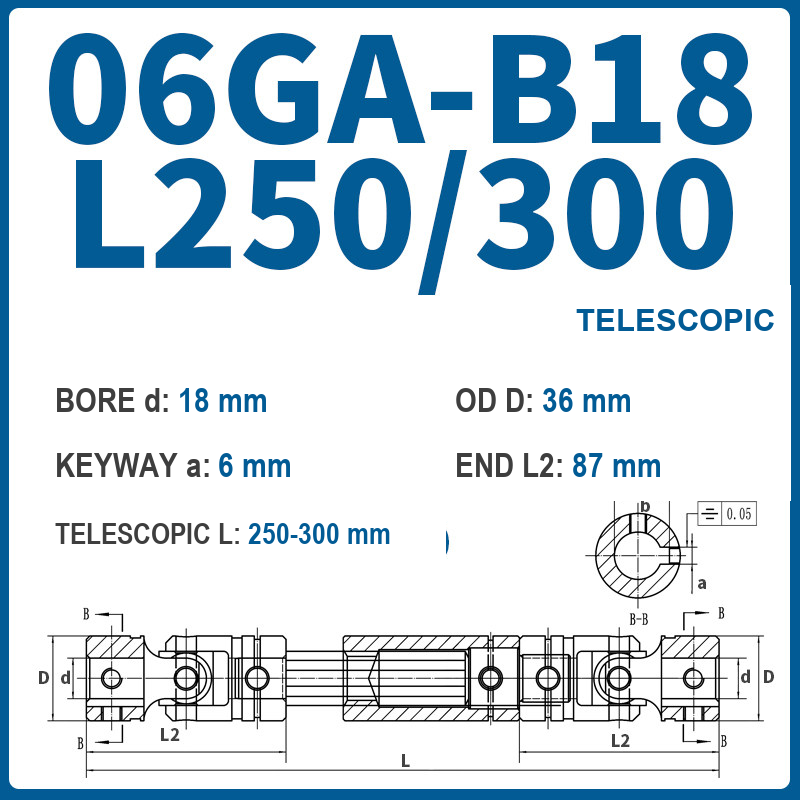 BOLTTE 06GA-B18-L250/300 40Cr universal joint coupling dimension drawing