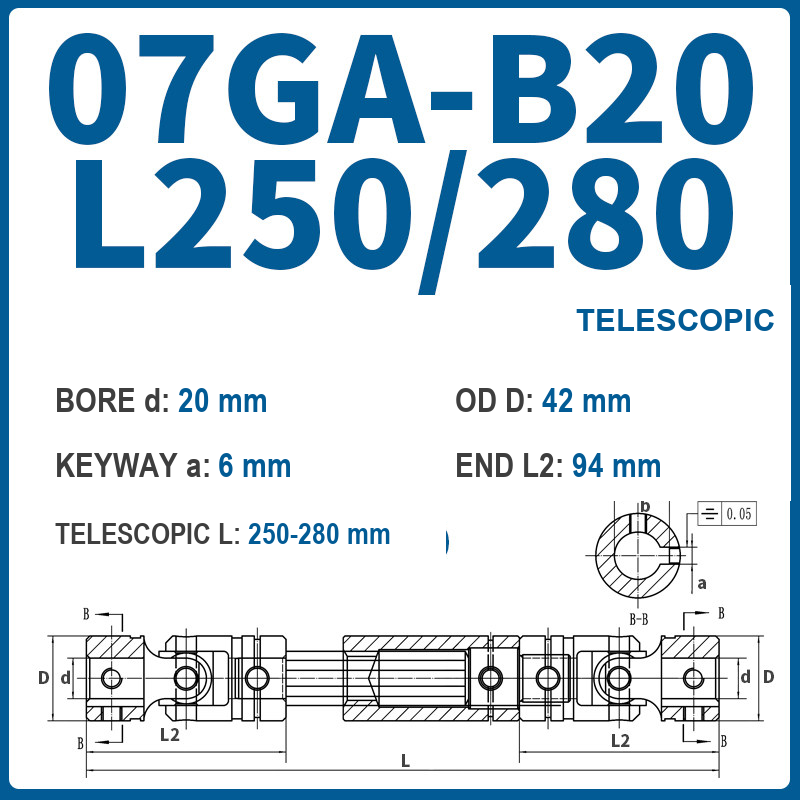 BOLTTE 07GA-B20-L250/280 40Cr universal joint coupling dimension drawing
