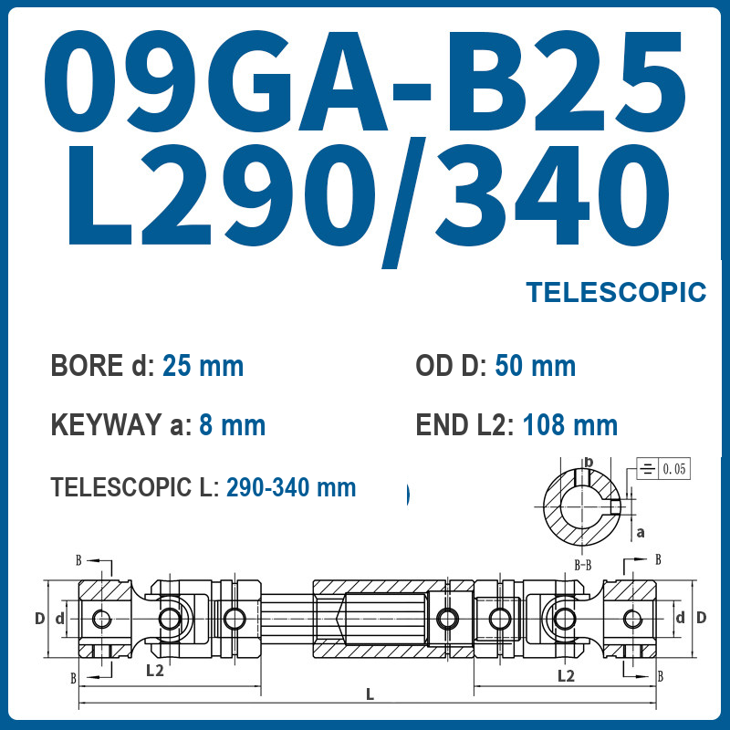 BOLTTE 09GA-B25-L290/340 40Cr universal joint coupling dimension drawing