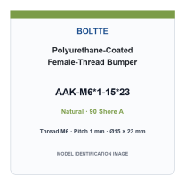 Natural 90 Shore A - M6*1-15*23 - No Wrench Flats polyurethane-coated female-thread bumper