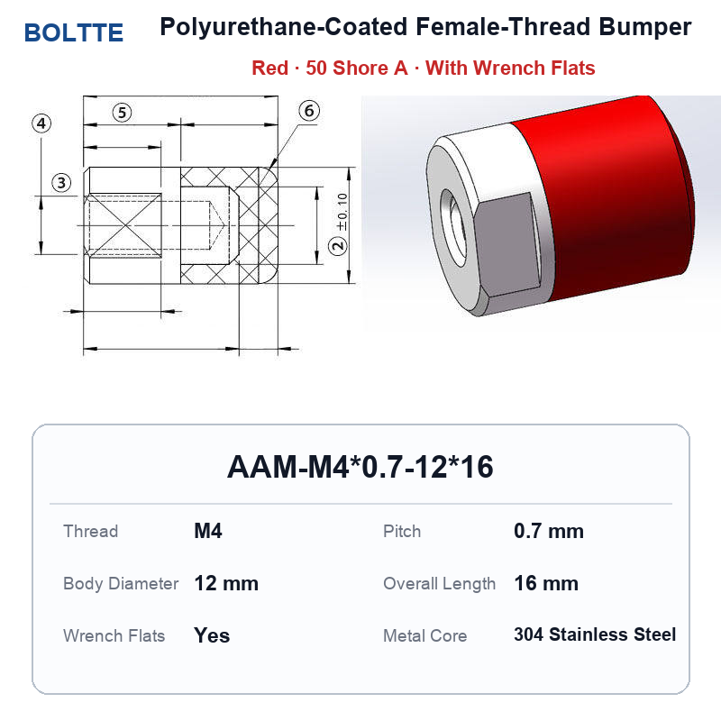 Red 50 Shore A - M4*0.7-12*16 polyurethane-coated female-thread bumper