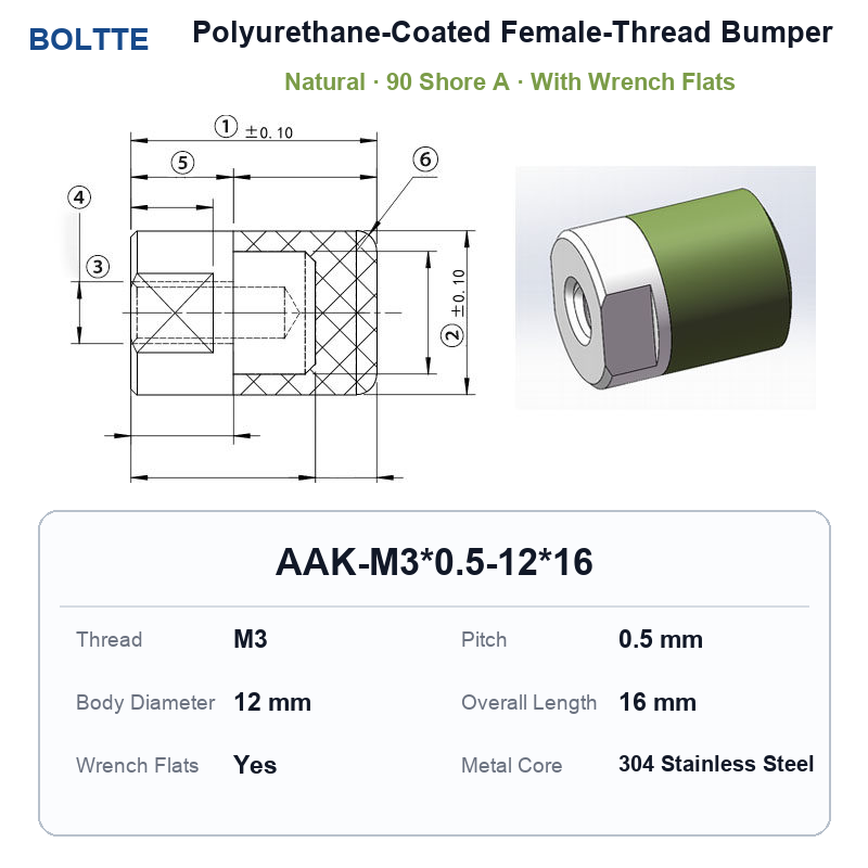 Natural 90 Shore A - M3*0.5-12*16 polyurethane-coated female-thread bumper