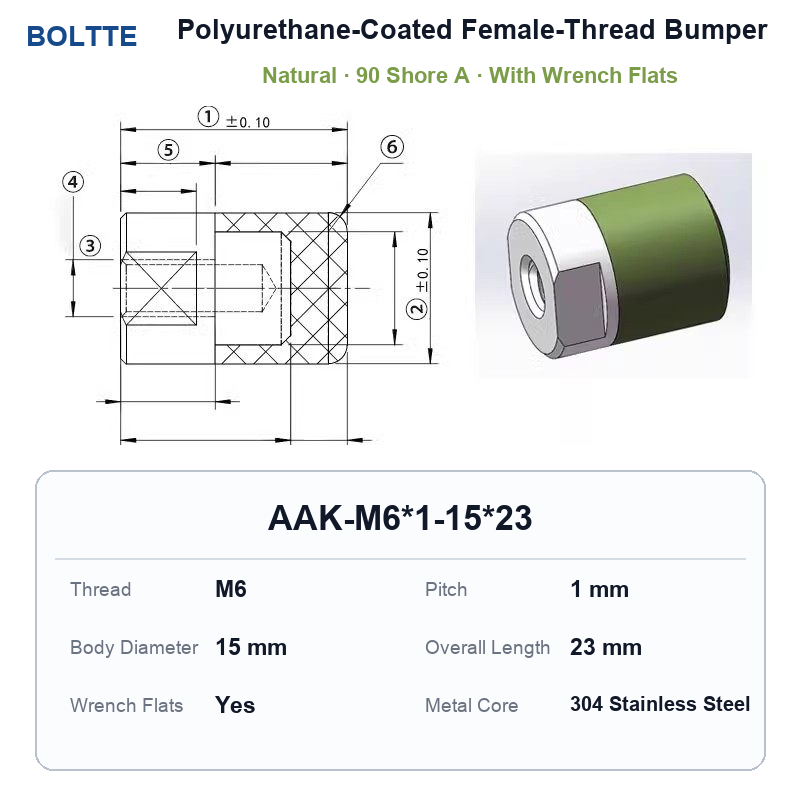 Natural 90 Shore A - M6*1-15*23 polyurethane-coated female-thread bumper