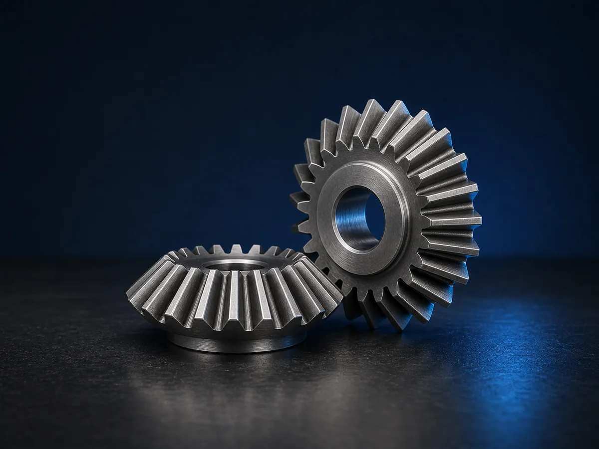 Illustrative render of a generic steel bevel gear pair for drawing-based quotation