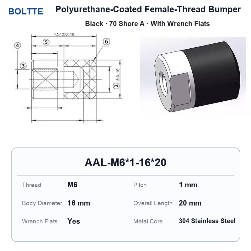 Black 70 Shore A - M6*1-16*20 polyurethane-coated female-thread bumper