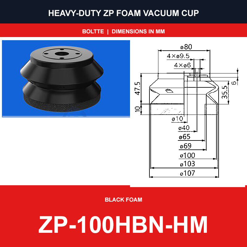 ZP-100HBN-HM - ZP HBS/HBN Foam Vacuum Suction Cups | Black & Red