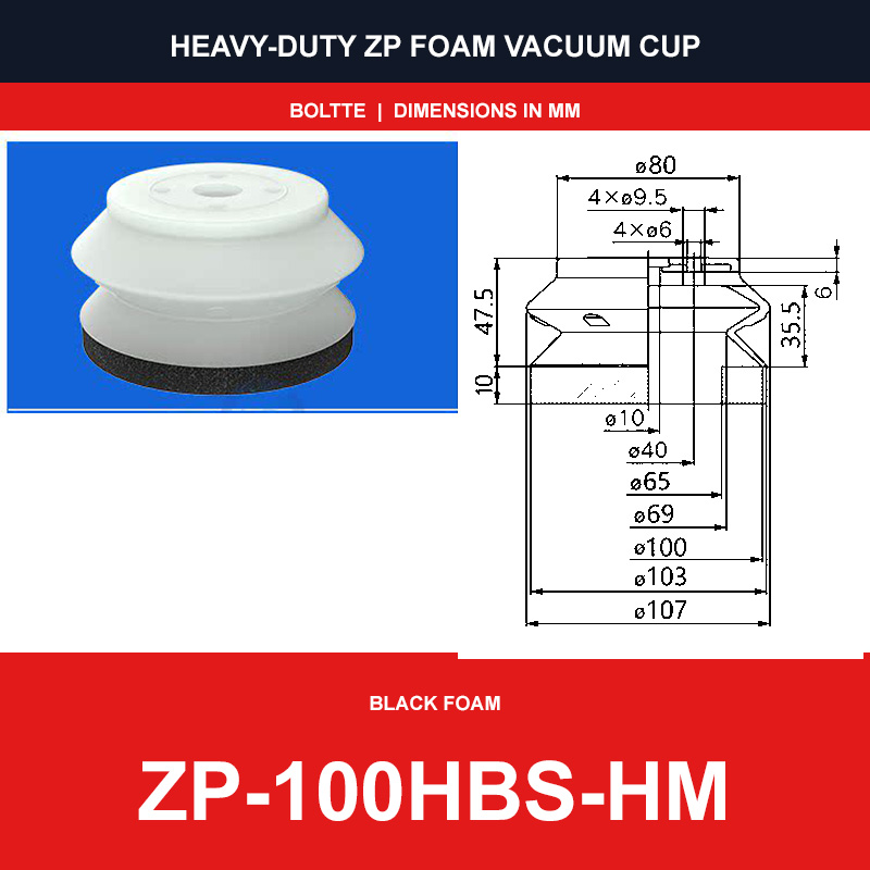 ZP-100HBS-HM - ZP HBS/HBN Foam Vacuum Suction Cups | Black & Red