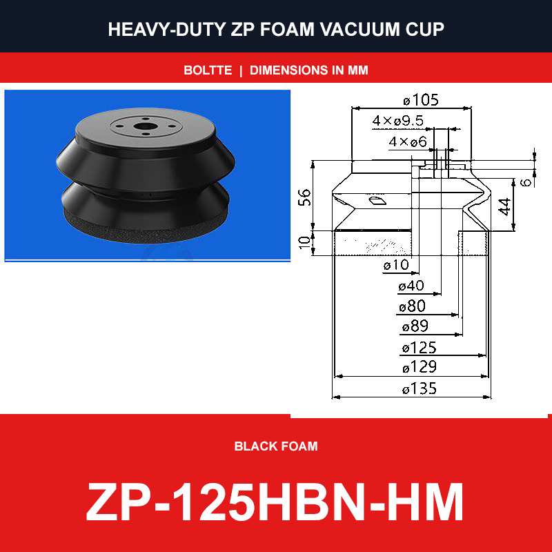 ZP-125HBN-HM - ZP HBS/HBN Foam Vacuum Suction Cups | Black & Red