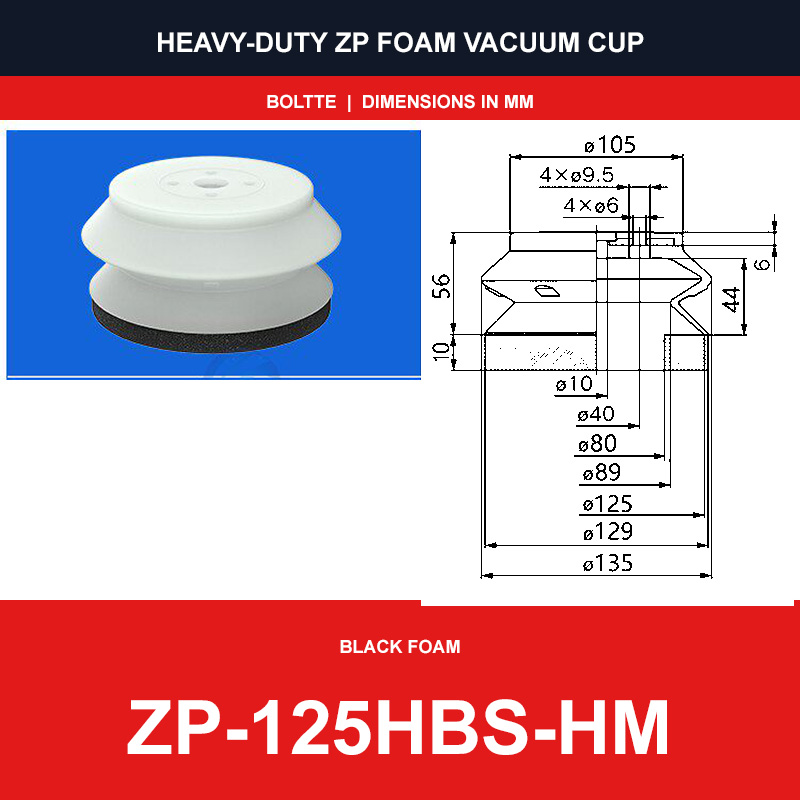 ZP-125HBS-HM - ZP HBS/HBN Foam Vacuum Suction Cups | Black & Red