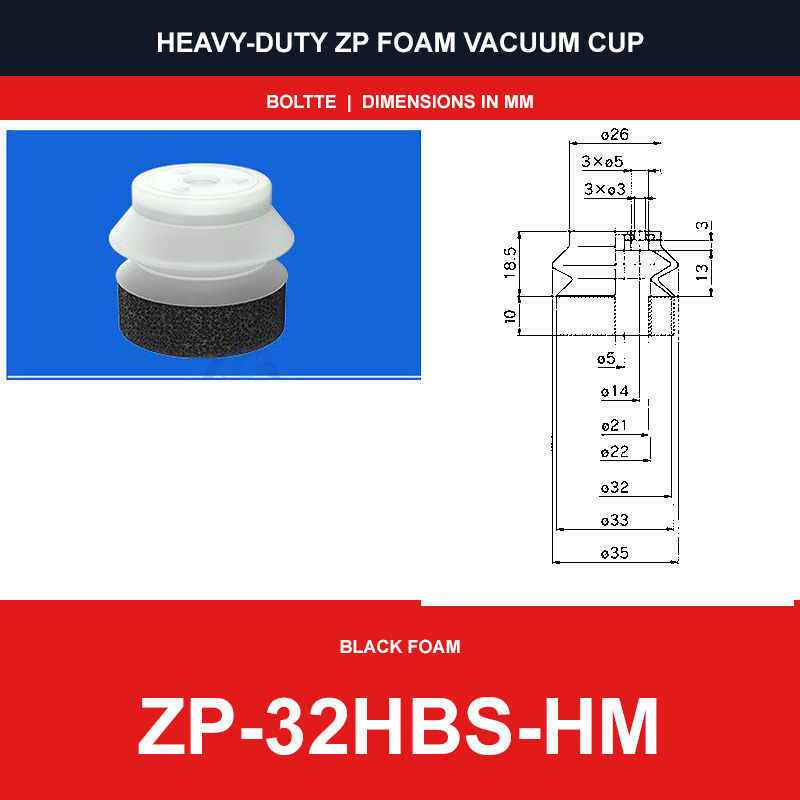 ZP-32HBS-HM - ZP HBS/HBN Foam Vacuum Suction Cups | Black & Red