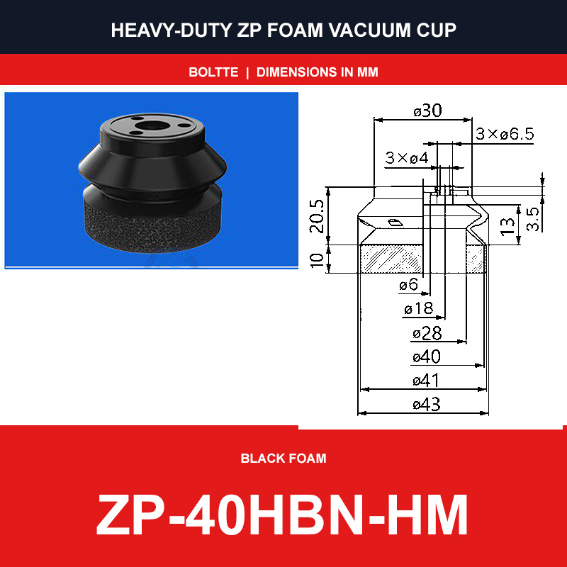 ZP-40HBN-HM - ZP HBS/HBN Foam Vacuum Suction Cups | Black & Red
