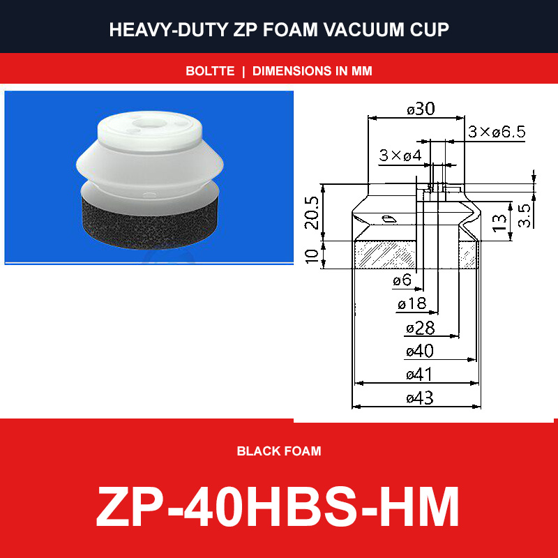 ZP-40HBS-HM - ZP HBS/HBN Foam Vacuum Suction Cups | Black & Red