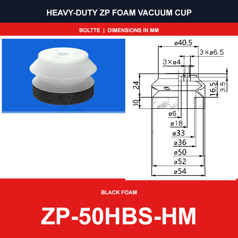 ZP-50HBS-HM - ZP HBS/HBN Foam Vacuum Suction Cups | Black & Red