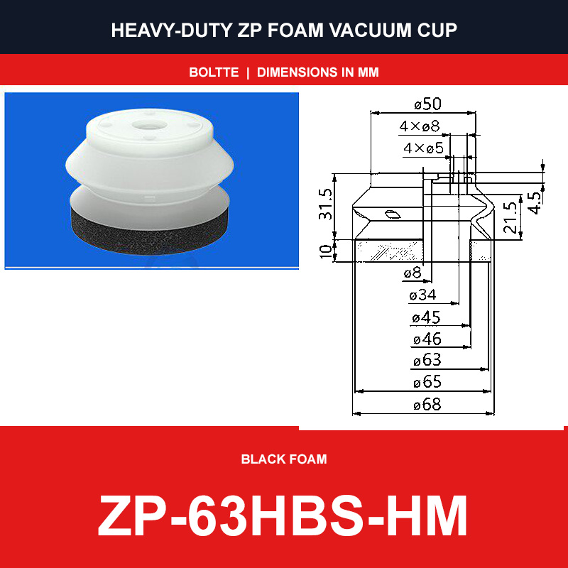 ZP-63HBS-HM - ZP HBS/HBN Foam Vacuum Suction Cups | Black & Red