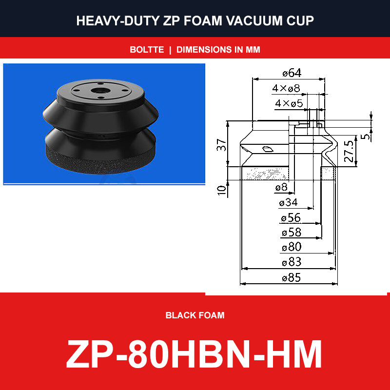 ZP-80HBN-HM - ZP HBS/HBN Foam Vacuum Suction Cups | Black & Red