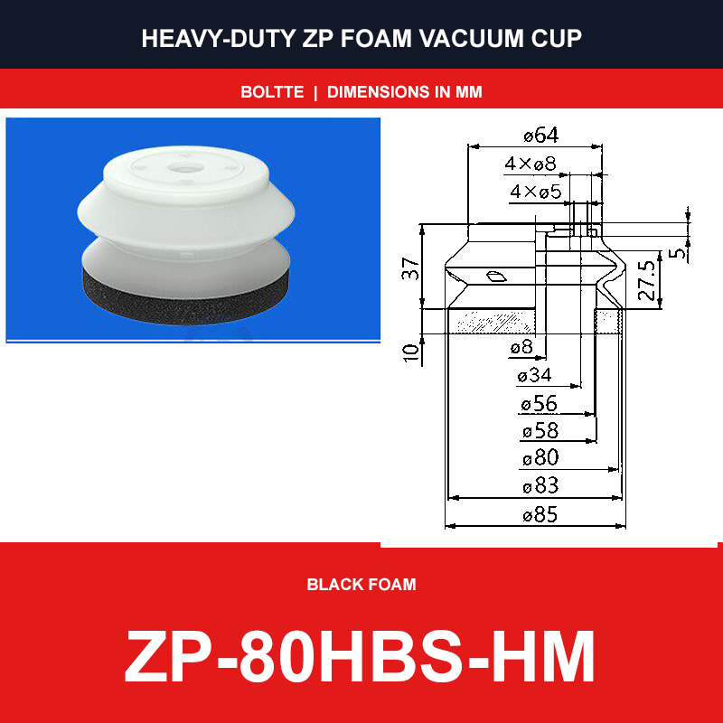 ZP-80HBS-HM - ZP HBS/HBN Foam Vacuum Suction Cups | Black & Red