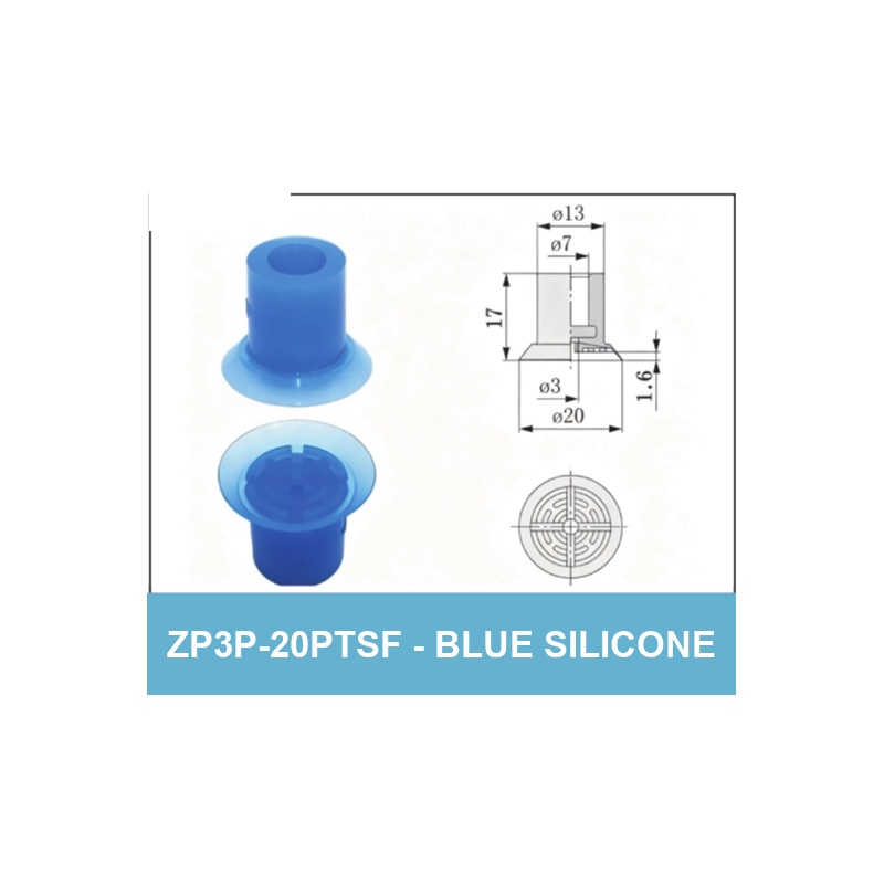 ZP3P-20PTSF - Blue Imported Silicone - ZP3P Bag Opening Vacuum Suction Cups & Fittings