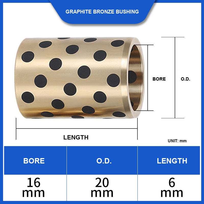 BOLTTE graphite bronze self-lubricating bushing 16 mm bore, 20 mm OD, 6 mm length