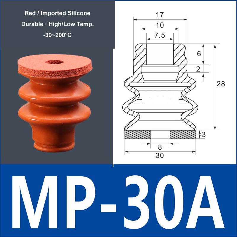 MP-30A red silicone vacuum suction cup with red foam pad, 8 mm mounting hole