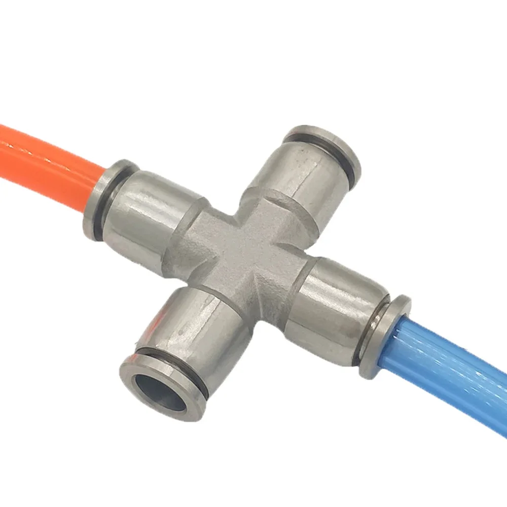Fit 6  8 10 12mm OD PU Tube Press Fit Push In Quick Connector Cross 4 Ways Pneumatic 304 Stainless Steel Air Fitting Homebrew-BOLTTE