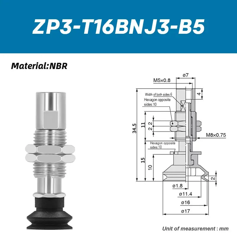 Industrial robotic arm vacuum suction cup ZP3-T04BNJ3-B5 ZP3-T04BNJ6-B5 ZP3-T06BNJ6-B5 ZP3-T08BNJ10-B5 ZP3-T16BNJ10-B5-BOLTTE