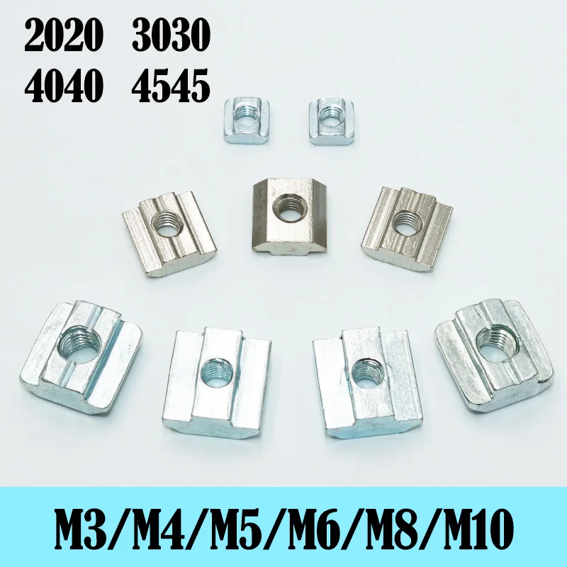100P/lot T Block Square Nut M3 M4 M5 M6 M8 Slot T-nut Sliding Nuts for 2020 3030 4040 4545 Profile Aluminum Furniture 3d printer