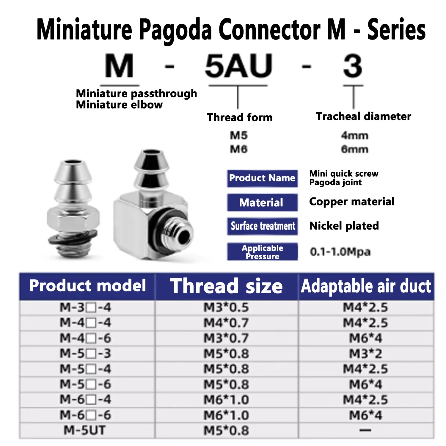 2mm 3mm 4mm 6mm 8mm OD Air Pneumatic Hose to M3 M4 M5 M6 Male Mini Barb Fitting pagoda joint Copper nickel plated-BOLTTE