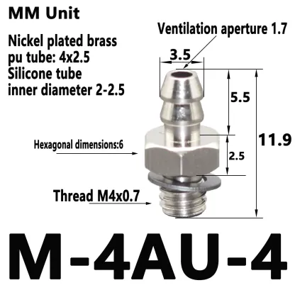 2mm 3mm 4mm 6mm 8mm OD Air Pneumatic Hose to M3 M4 M5 M6 Male Mini Barb Fitting pagoda joint Copper nickel plated-BOLTTE