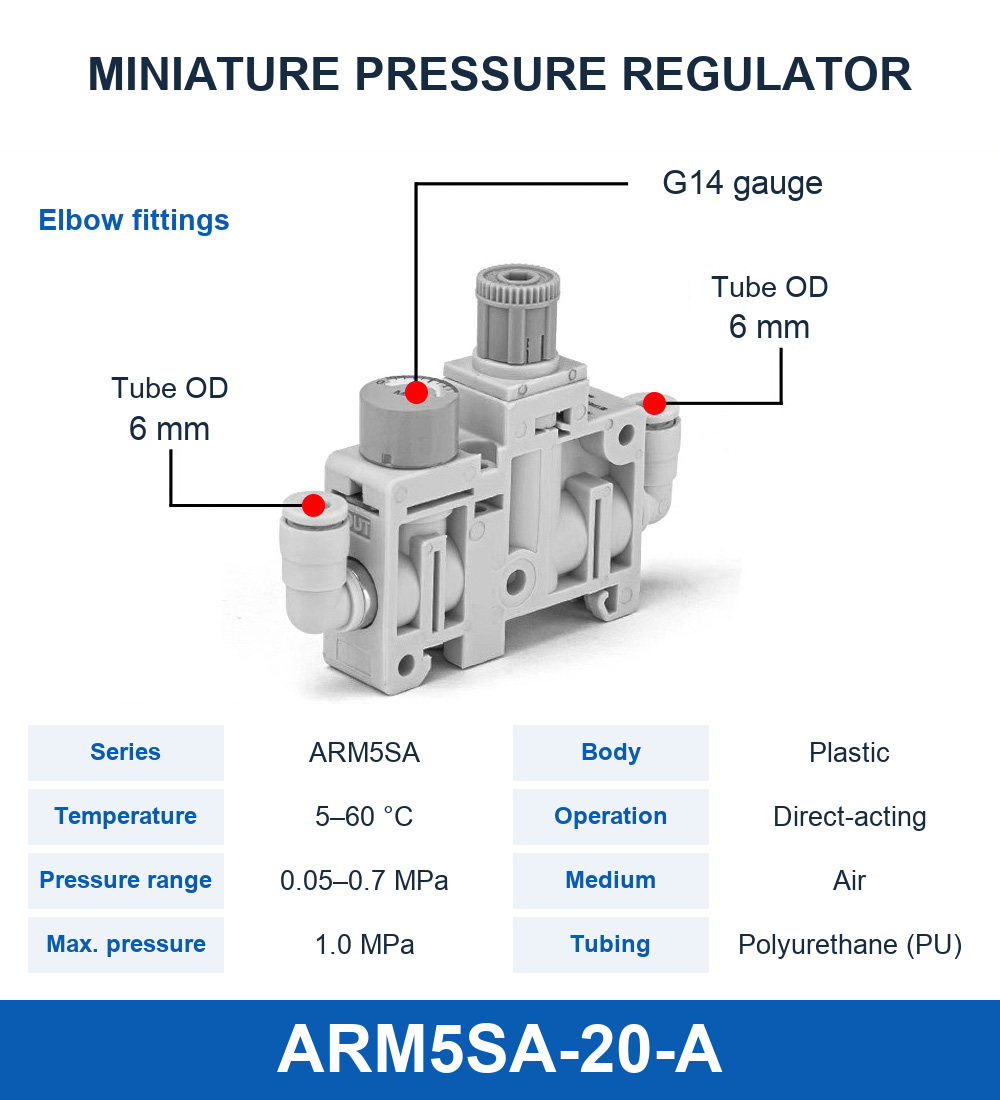 ARM5SA-20-A miniature pneumatic pressure regulator, elbow fittings, 6 mm tube OD