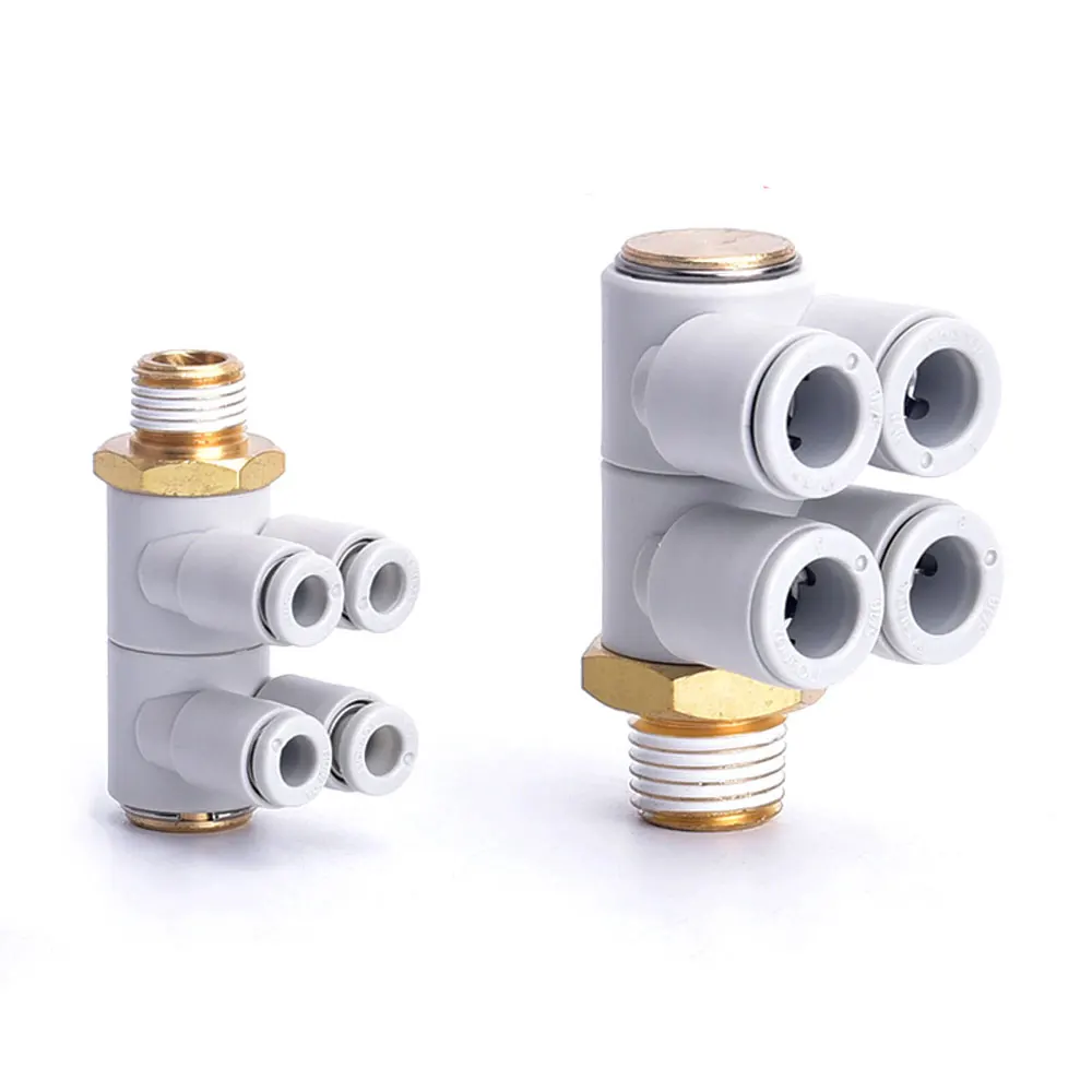 Rotary 1/8" 1/4" 3/8" 1/2" BSP 4 6 8 10 12mm Tube Elbow 4 Ways Splitter Plastic Pneumatic Air Pipe Fitting Push In Connector-BOLTTE