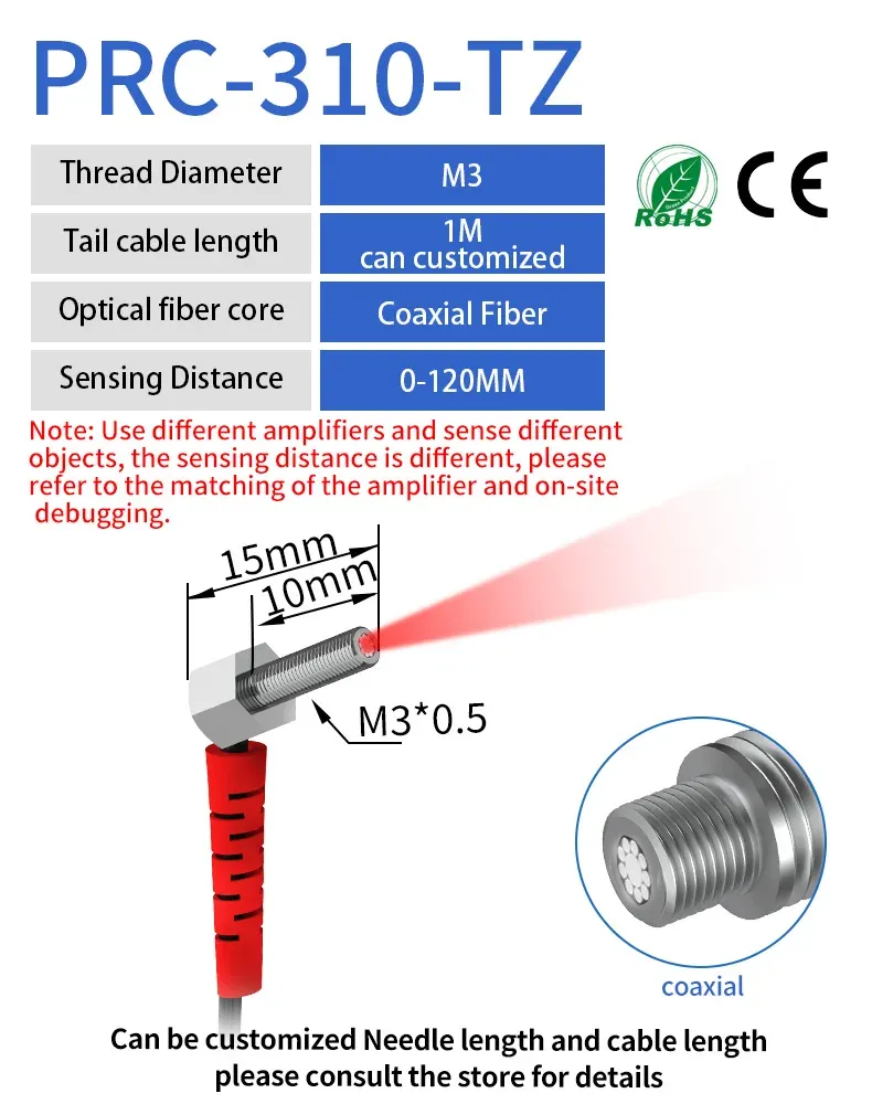 GTRIC Fiber Optic Sensor Probe Elbow Diffuse Reflection M3 M4 M6 1M 2M Cable Coaxial Non-Coaxial Optical Photoelectric Switch-BOLTTE