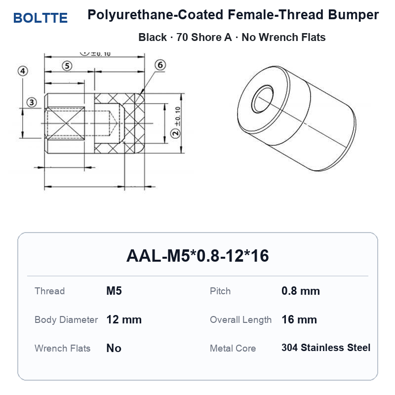 Black 70 Shore A - M5*0.8-12*16 - No Wrench Flats polyurethane-coated female-thread bumper