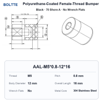 Black 70 Shore A - M5*0.8-12*16 - No Wrench Flats polyurethane-coated female-thread bumper