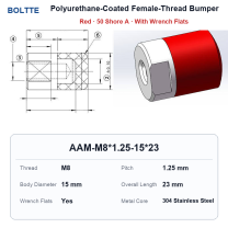 Red 50 Shore A - M8*1.25-15*23 polyurethane-coated female-thread bumper