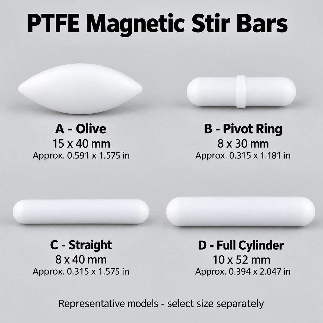 PTFE Magnetic Stir Bars, A / B / C / D Types, 3–23 mm Diameter