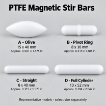 PTFE Magnetic Stir Bars, A / B / C / D Types, 3–23 mm Diameter