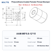 Red 50 Shore A - M5*0.8-12*15 - No Wrench Flats polyurethane-coated female-thread bumper