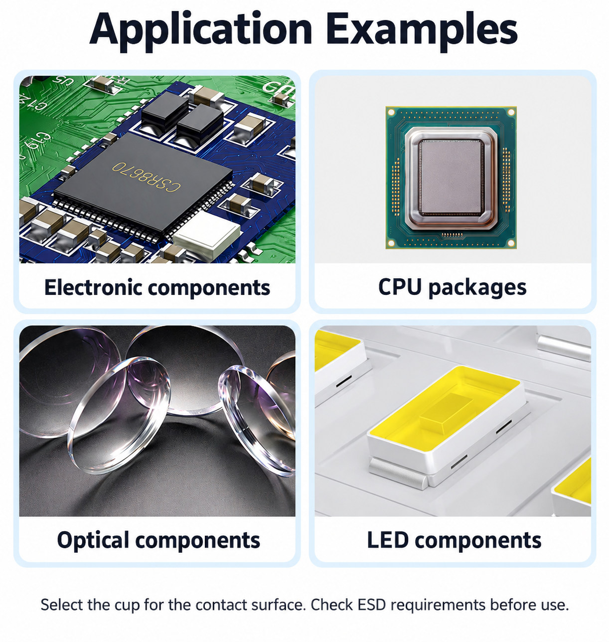 Supplied examples of electronic assembly, CPU, optical lens and LED handling applications