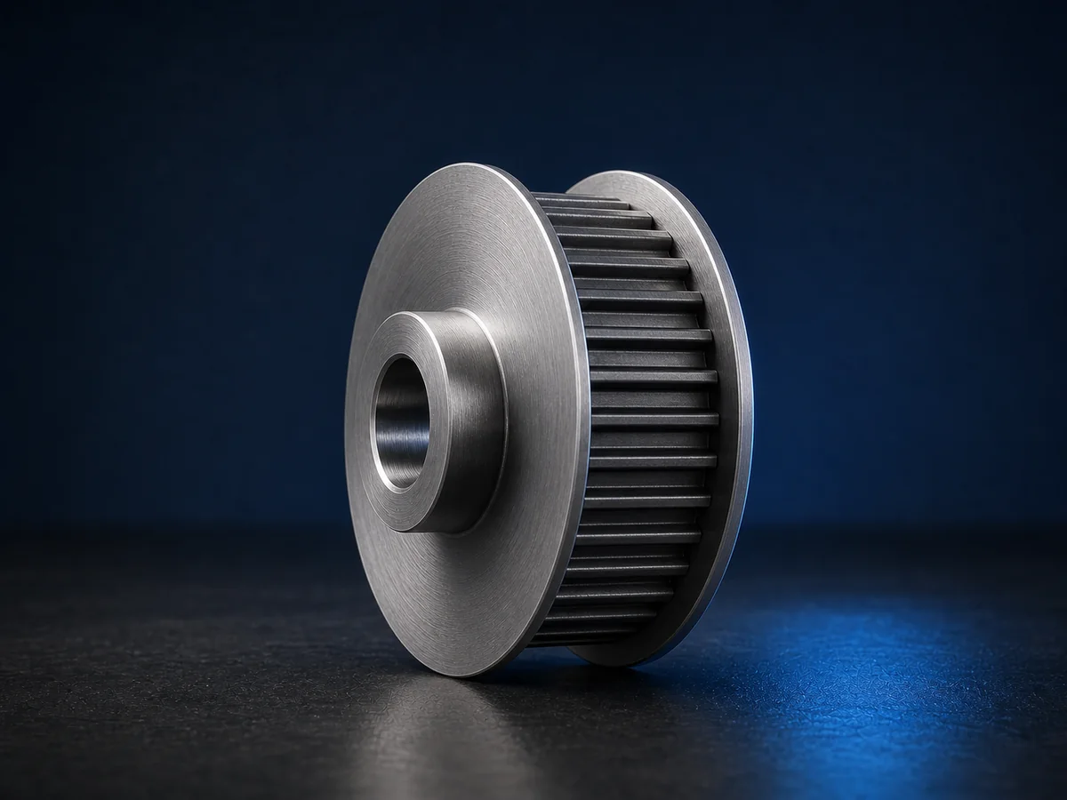Illustrative render of a generic flanged metal timing pulley for drawing-based quotation