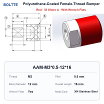Red 50 Shore A - M3*0.5-12*16 polyurethane-coated female-thread bumper