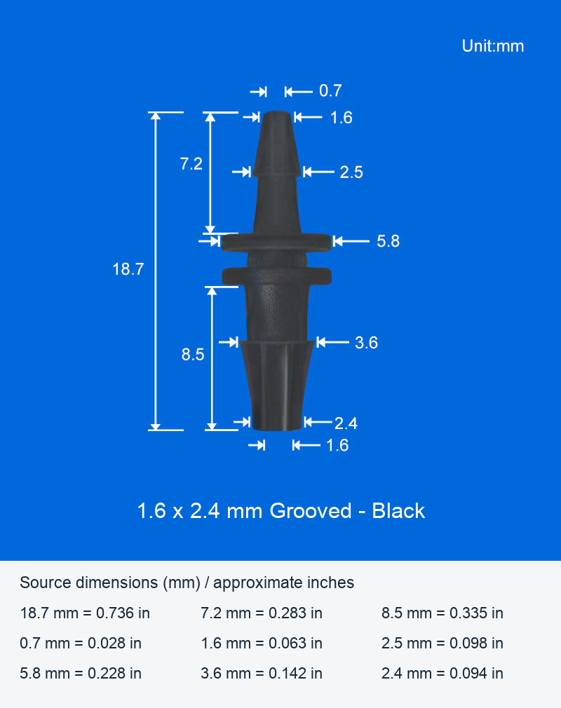 Plastic Reducing Straight Hose Connectors, Black and Translucent, 1.6 x 2.4 and 2 x 2.4 mm original product view 2