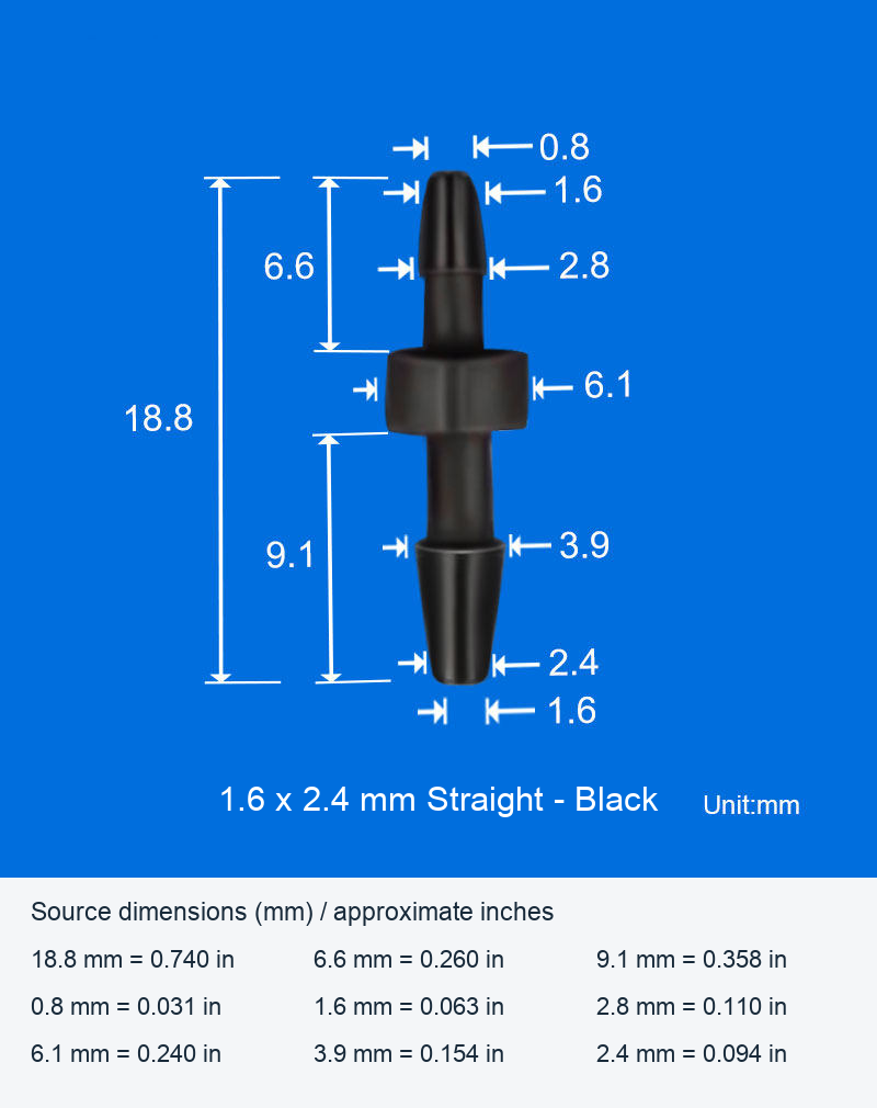 Plastic Reducing Straight Hose Connectors, Black and Translucent, 1.6 x 2.4 and 2 x 2.4 mm original product view 1