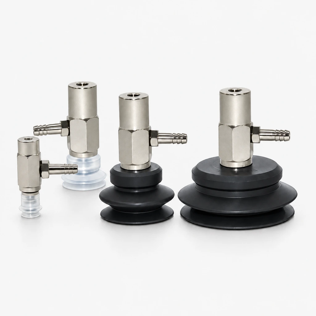 PBT Side-Port Vacuum Cups with Hose-Barb Fittings – Silicone or Nitrile Rubber, 6–50 mm