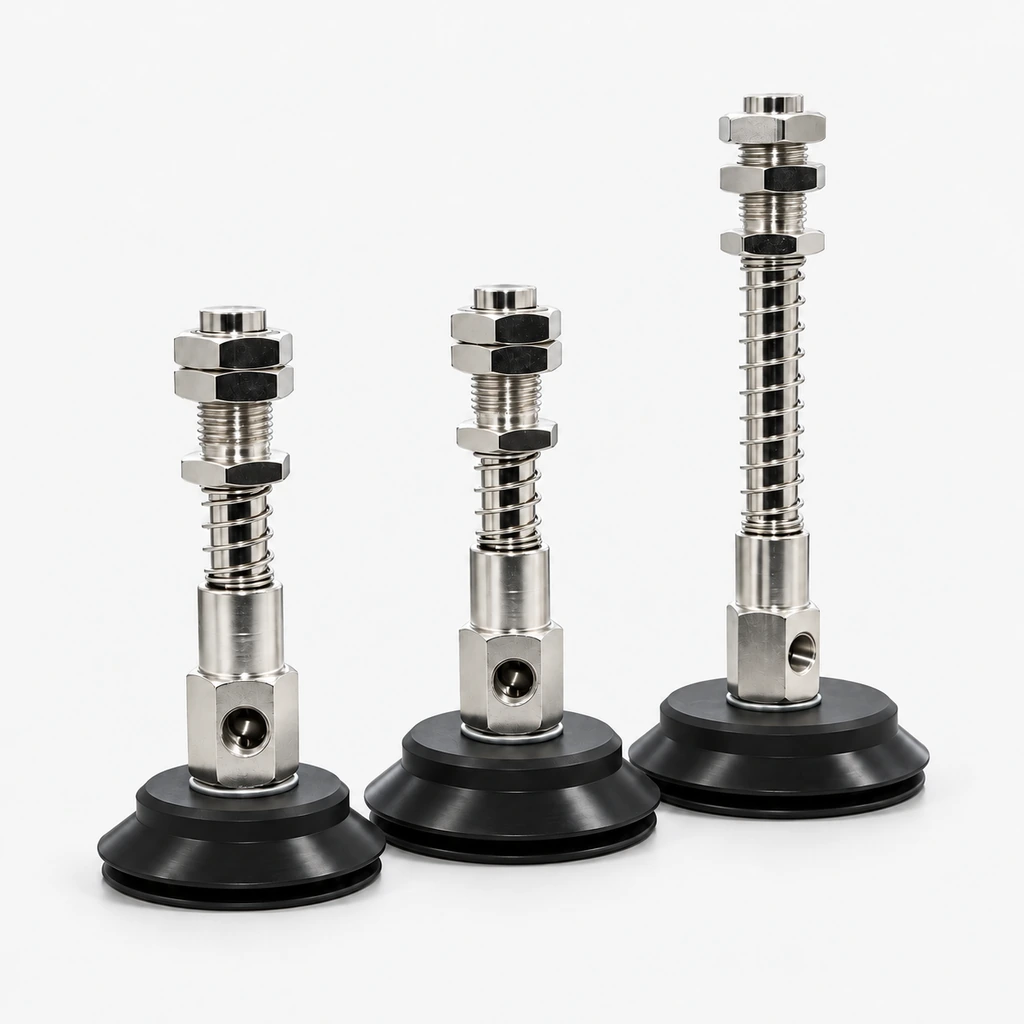 PJYS Spring-Loaded Side-Port Vacuum Cup Assemblies – Silicone/NBR, 60–80 mm, 10/30 mm Stroke