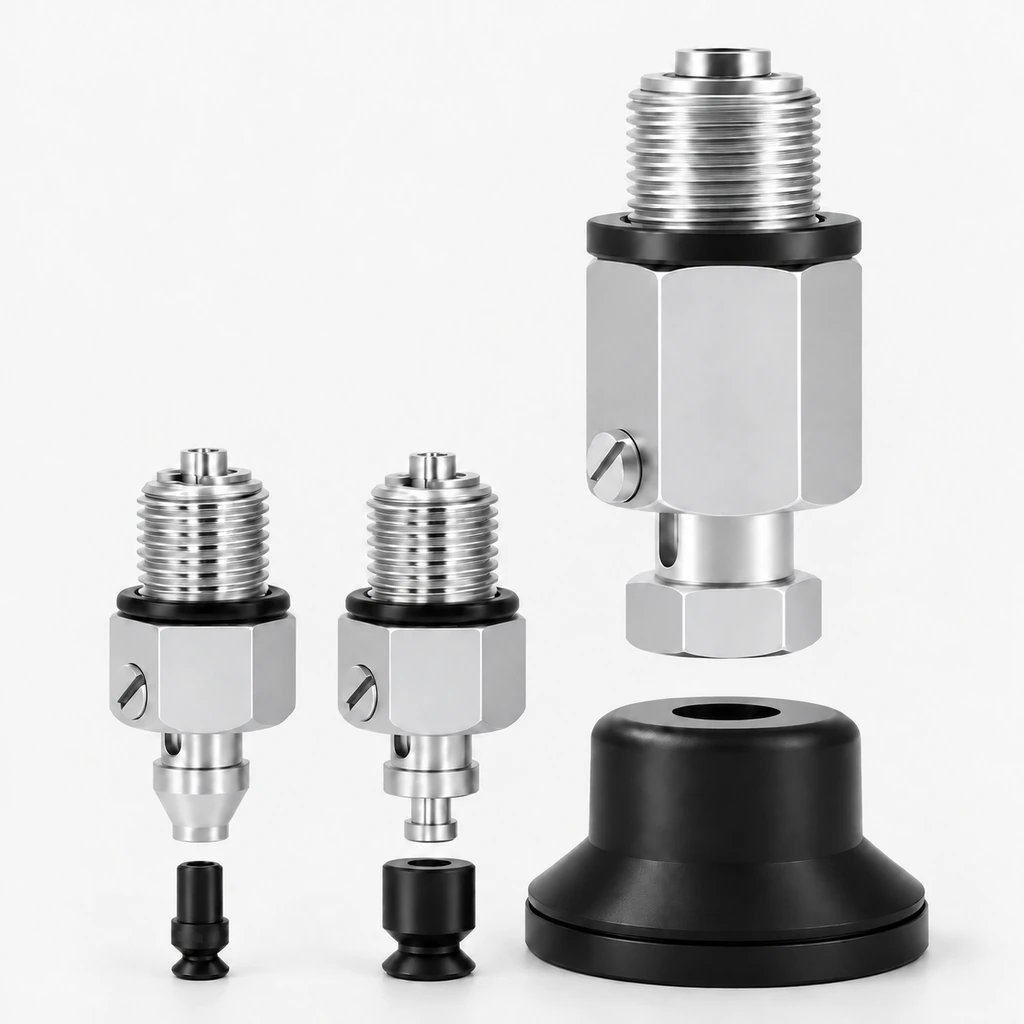V-J-WES Spring Vacuum Cup Mounts — Standard, Antistatic or FKM, D2–D50