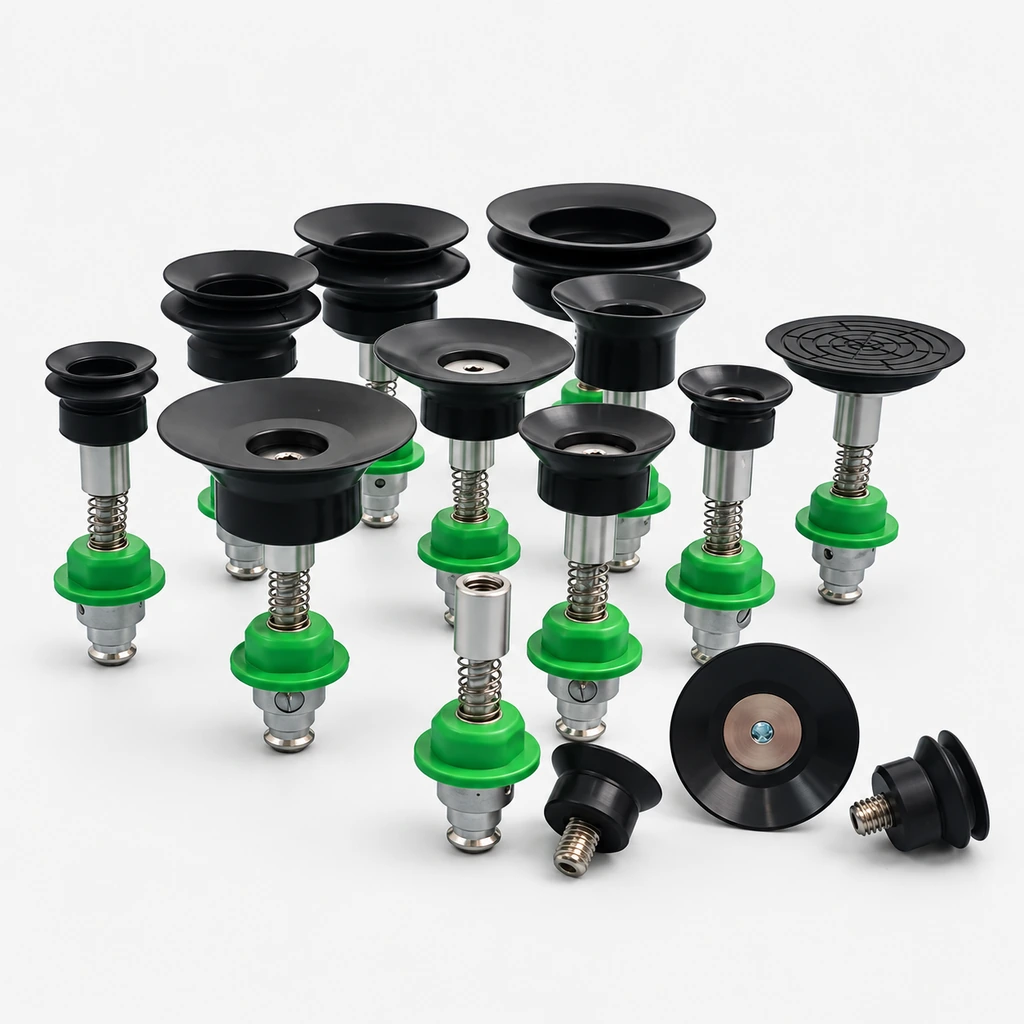 Spring-Loaded Vacuum Cup Nozzles and M5 Female Holders, 6–40 mm